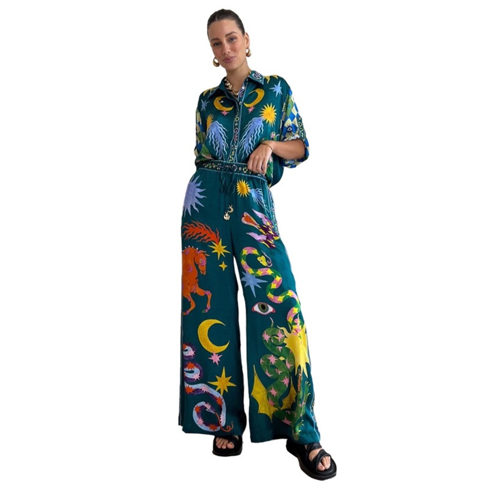 Printed Wide-Leg Jumpsuit in Teal with Celestial Motif - Picture 2 of 16